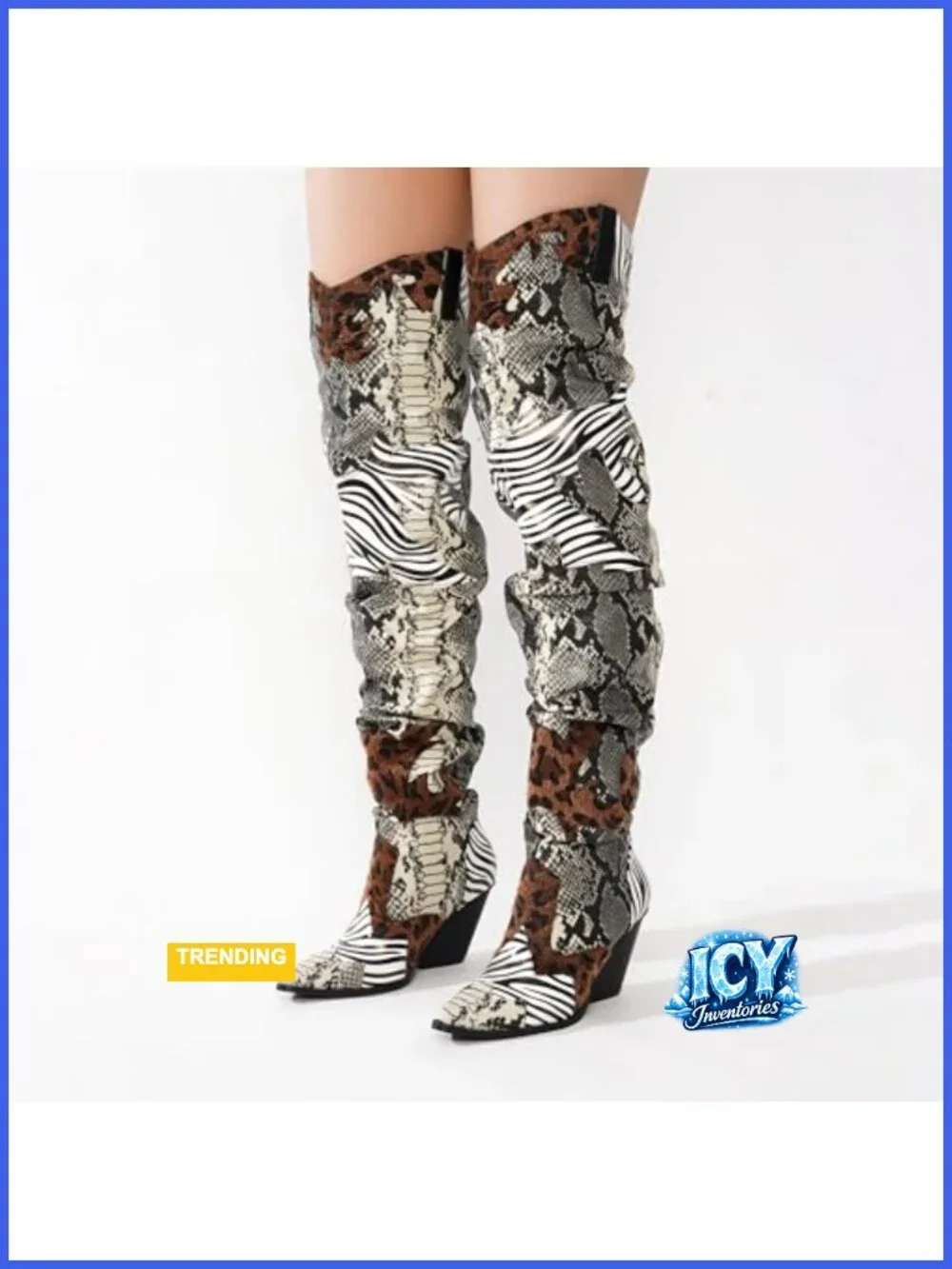 Faux Snakeskin Thigh High Cowboy Boots Chunky Heel Western Booties Block Heel